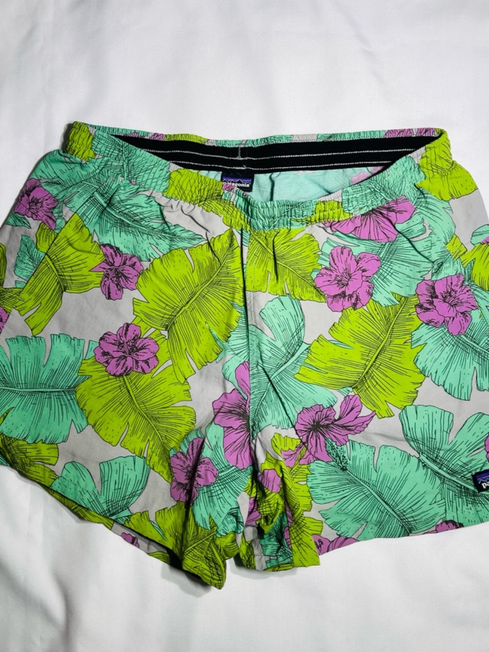 Patagonia Women's Tropical Print Athletic Shorts - Mint, Lime & Pink